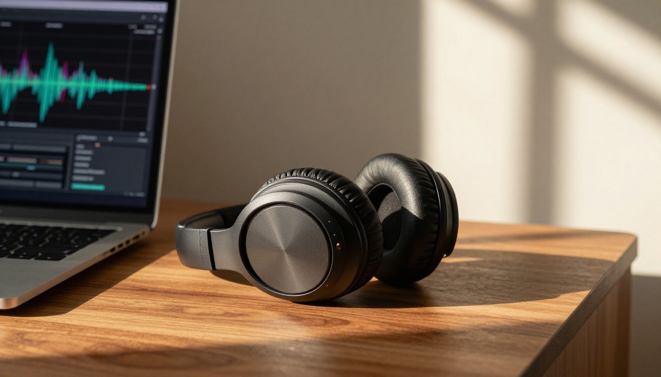 Premium over-ear headphones on a walnut desk next to a laptop showing audio waveform visualization