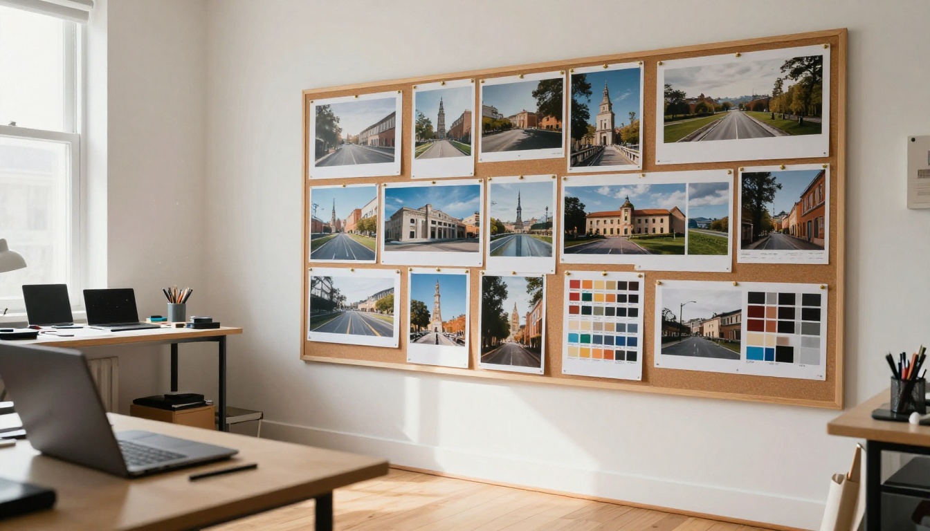 A cork board covered with printed AI-generated images pinned with brass tacks in a bright creative studio