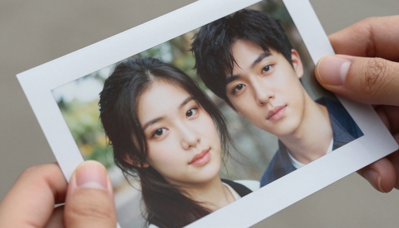 Close-up of two hands holding a freshly printed photorealistic AI-generated portrait in outdoor natural light