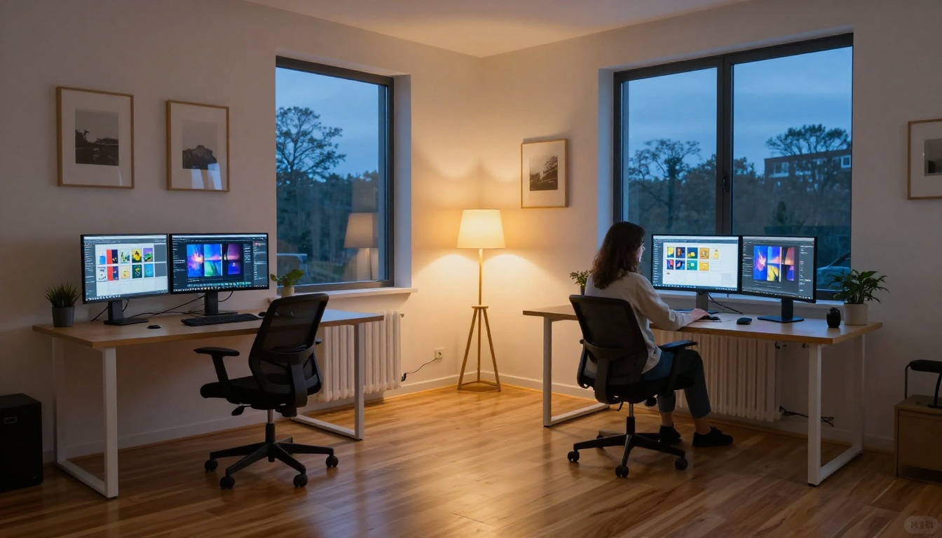 A minimalist home office with dual monitors showing AI creative generation tools at dusk