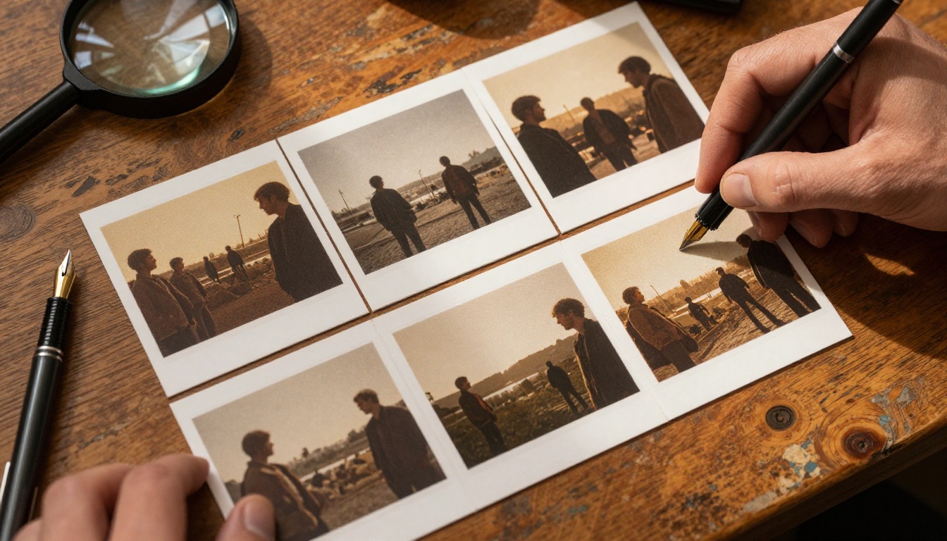 Filmmaker arranging printed color reference cards on a desk, reviewing visual consistency