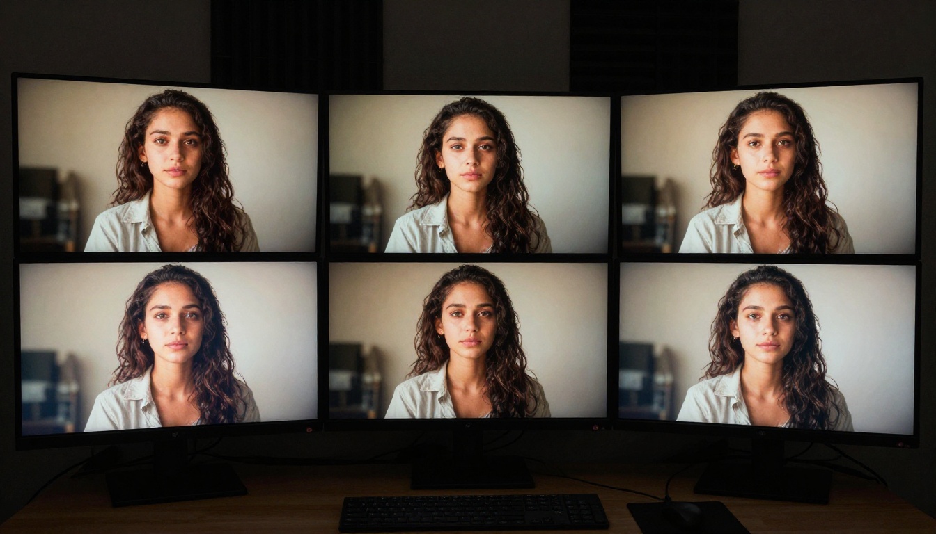 Three monitors in a production studio showing the same AI-generated character with consistent color grading across all panels