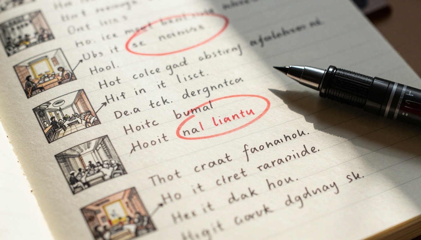 Handwritten style notes for an AI video project showing color hex codes and scene composition sketches