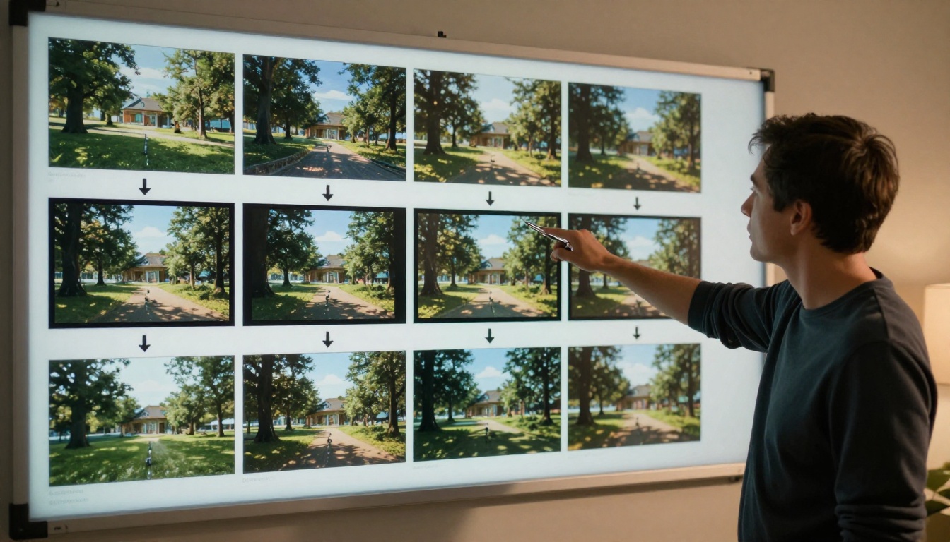 Creative director standing in front of a large storyboard showing visual continuity arrows between consistent AI video frames