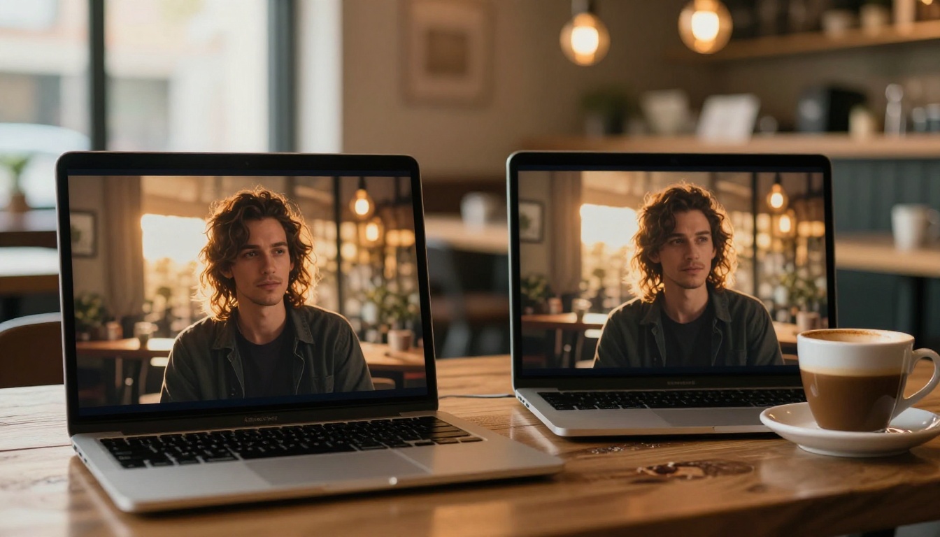 Two laptops side by side on a café table showing identical AI-generated character scenes with matching warm golden-hour lighting