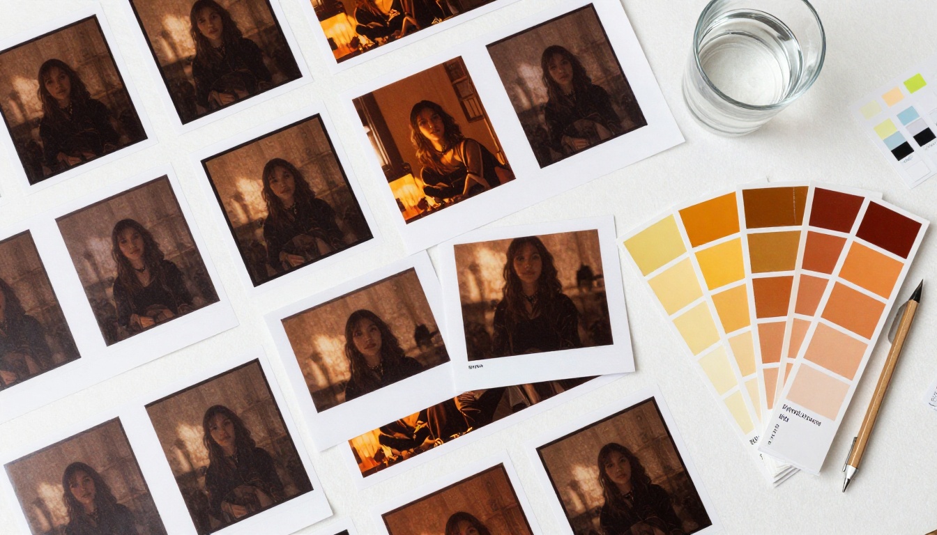 Printed AI video frames arranged in a grid flat-lay on a white linen surface with a Pantone color swatch book showing matching amber tones
