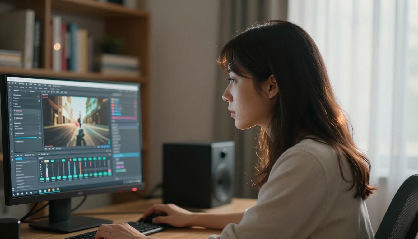 Young woman video creator at her home studio desk looking at an AI video generation interface with multiple style parameter sliders