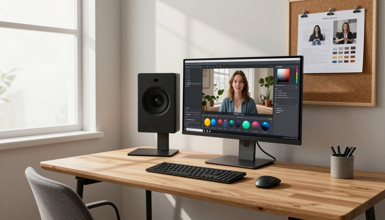 Modern home office with dual monitor setup showing a PicassoIA AI video interface and a style reference sheet pinned to the wall