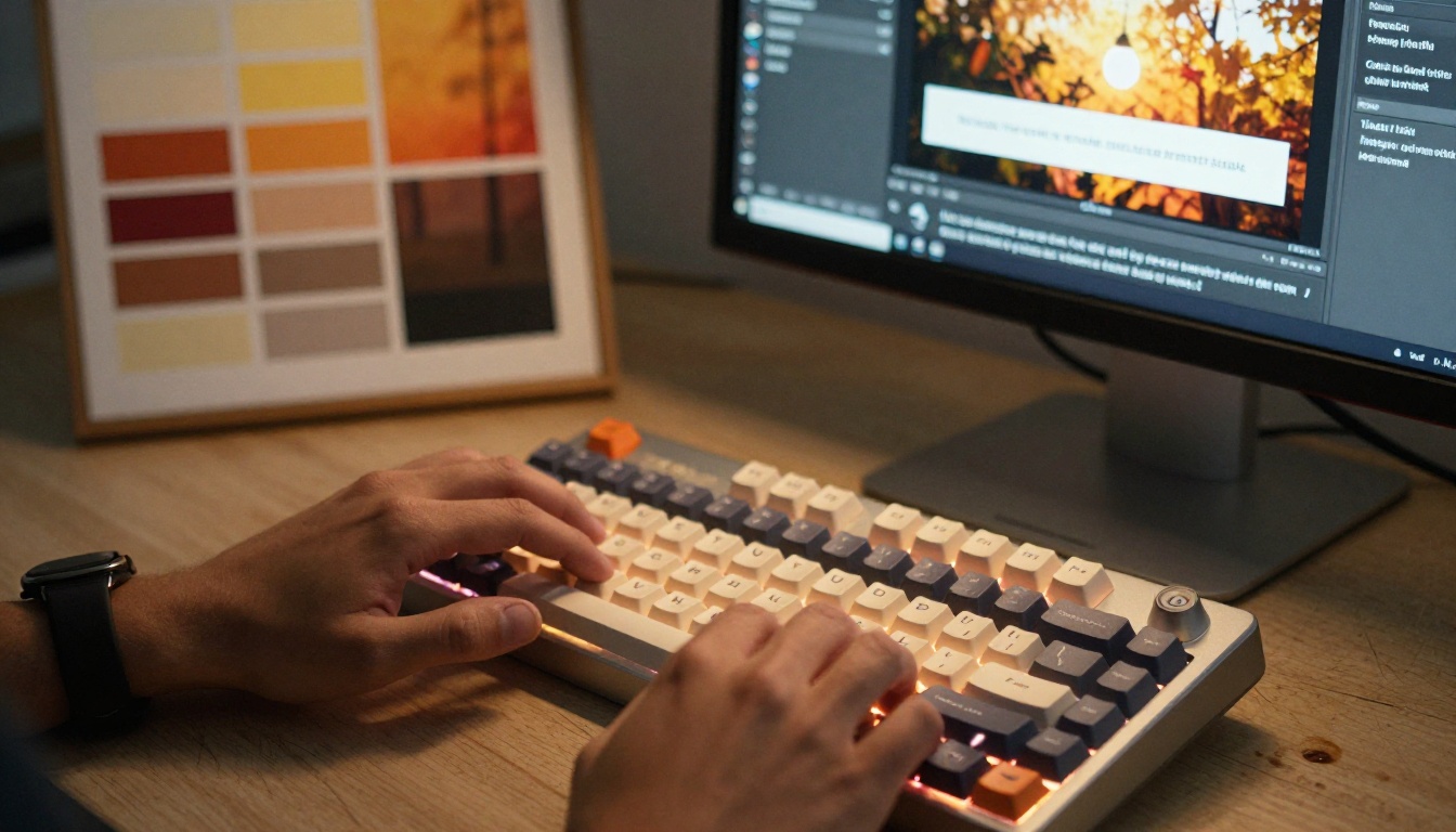 Close-up of hands typing a detailed style prompt on a mechanical keyboard with a color mood board visible beside the monitor