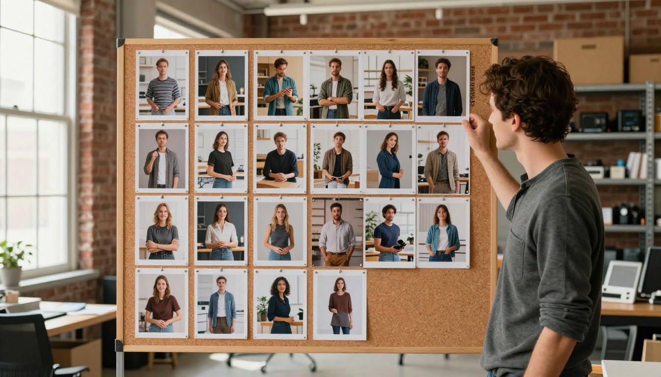 Creative director reviewing printed AI-generated product photos pinned to studio board
