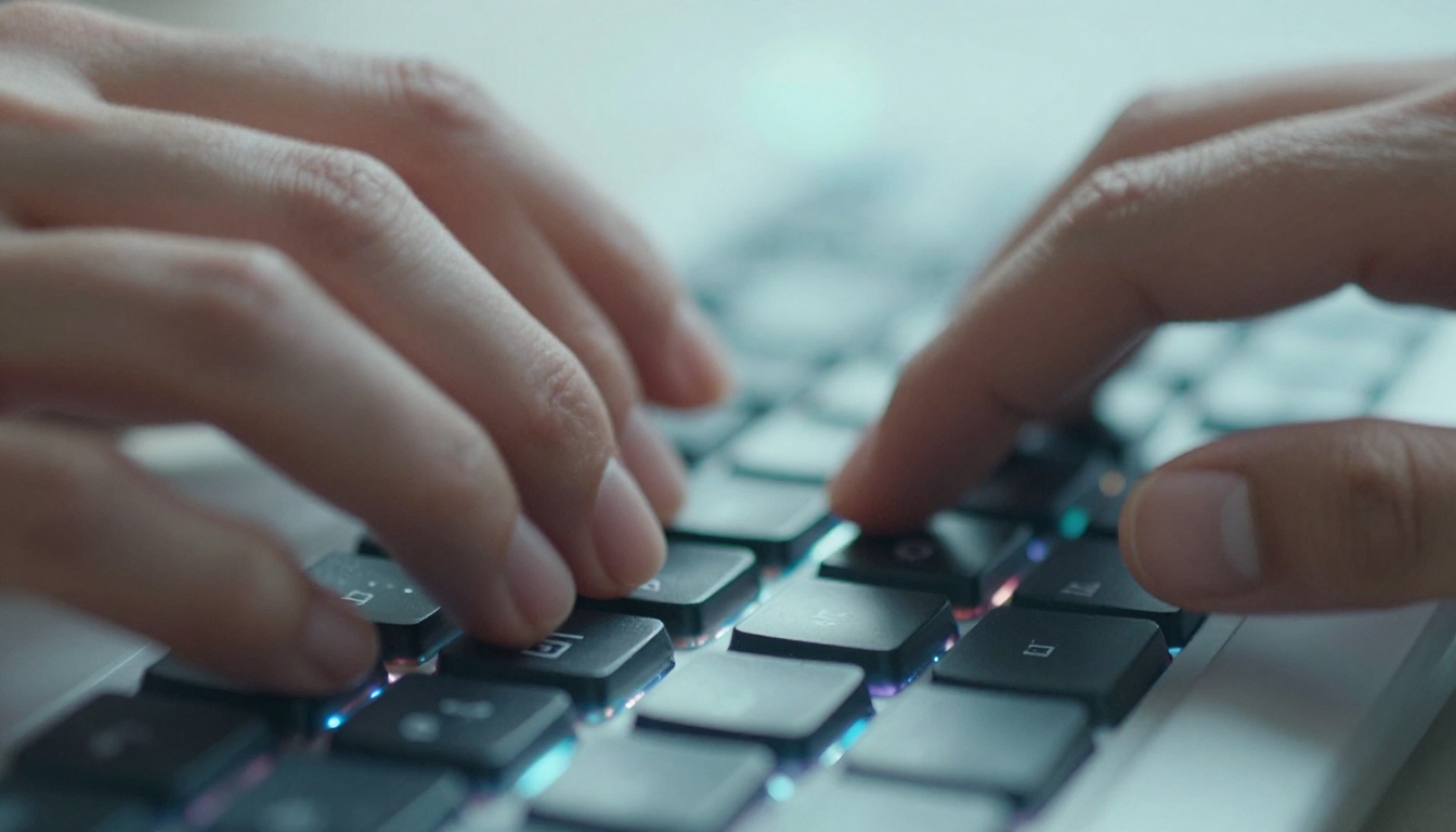 Close-up of fingers typing a detailed image generation prompt on a mechanical keyboard