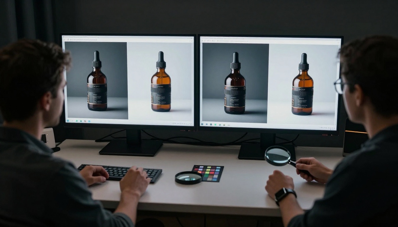 Photographer on light table comparing two sets of AI-generated e-commerce product images