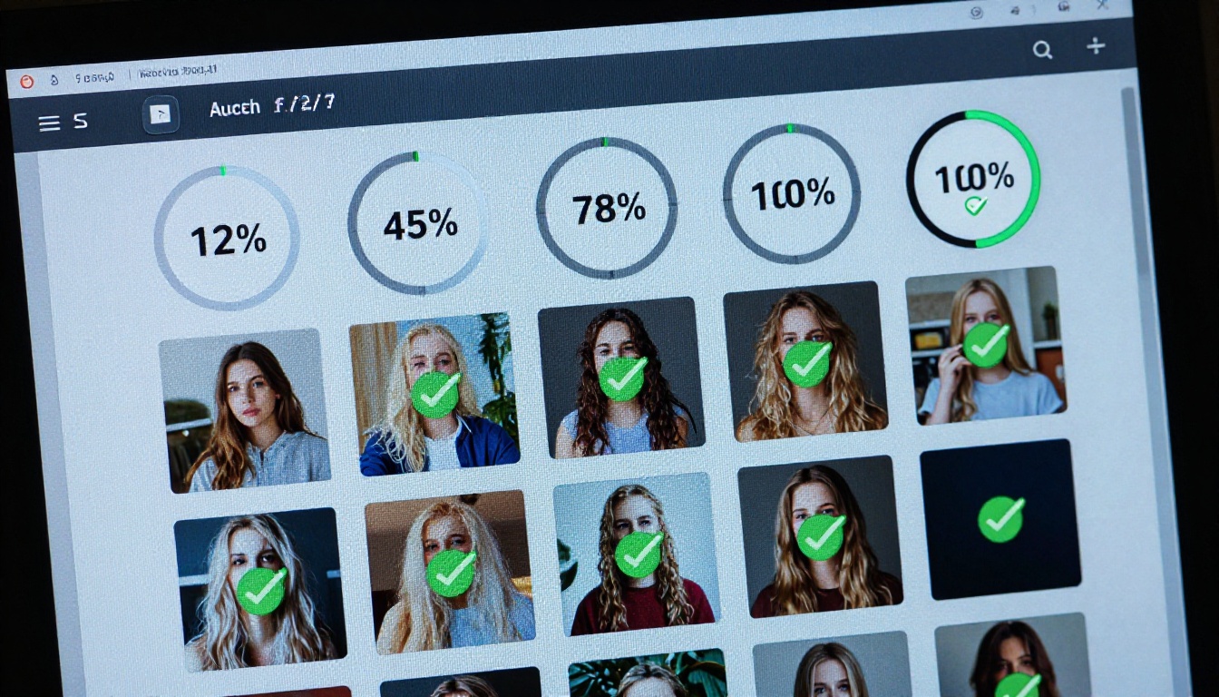 AI batch generation progress interface showing percentage counters and completed image thumbnails on monitor