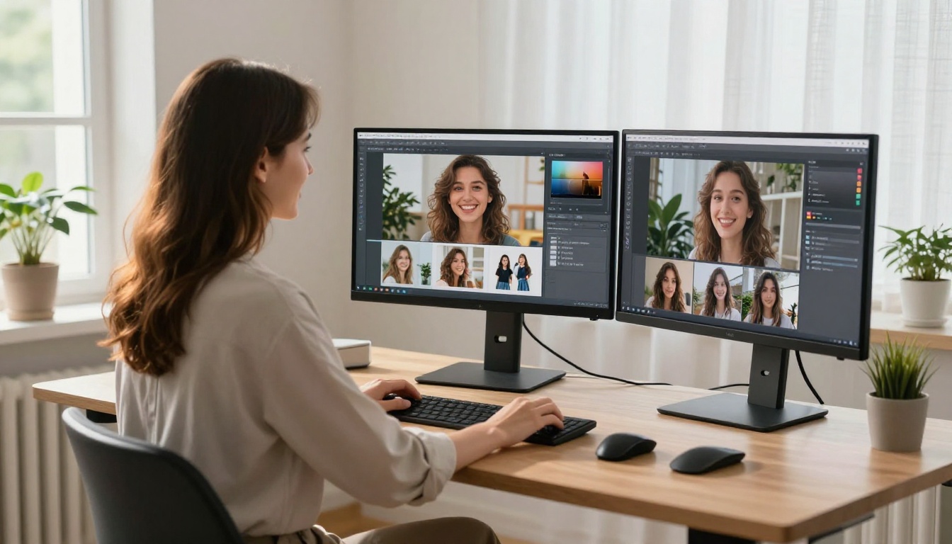 Young woman at standing desk scrolling through completed AI-generated images with satisfaction