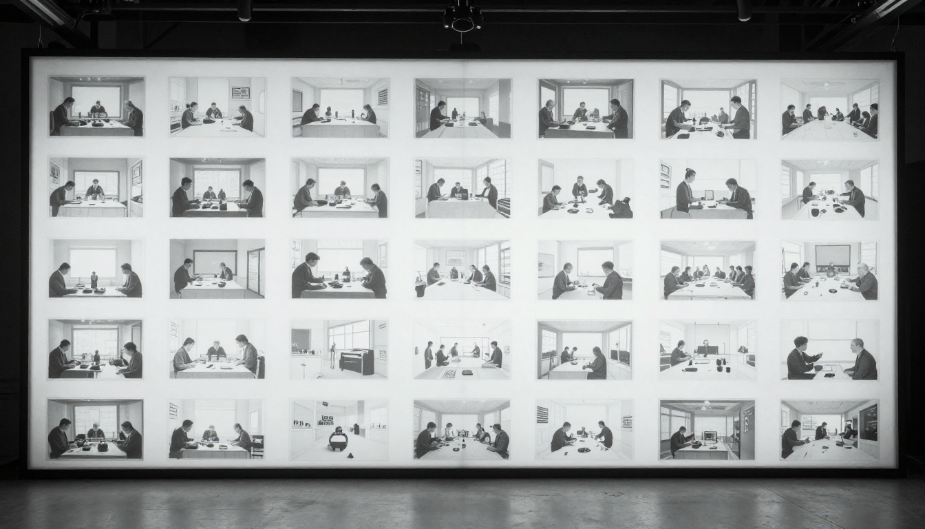 Low-angle view of storyboard frames arranged in a precise grid on a frosted glass light table