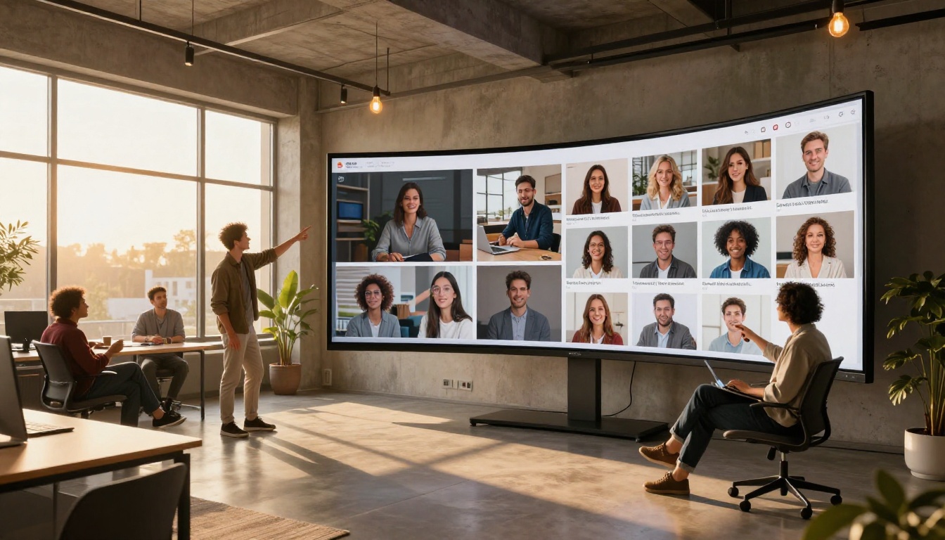 Marketing team gathered around large monitor reviewing a grid of AI-generated social media images