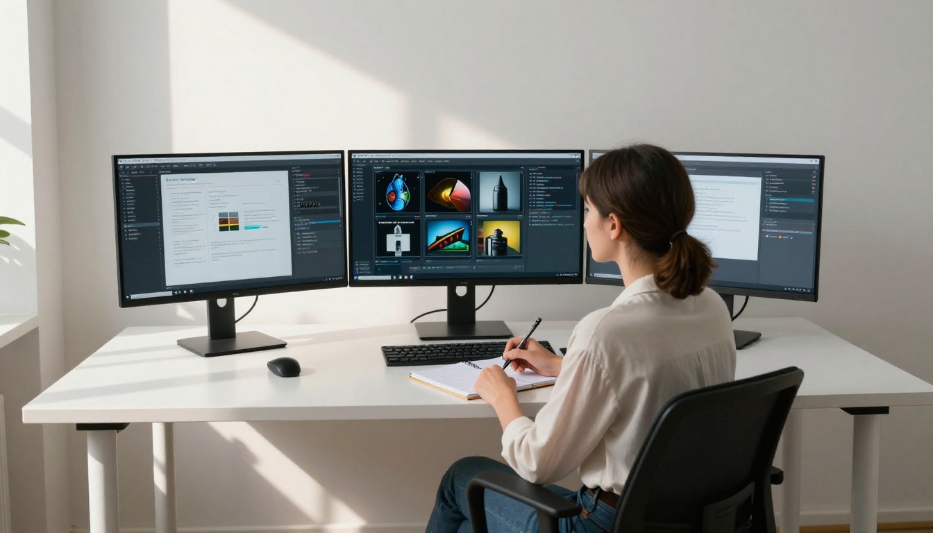 Woman analyzing AI outputs on multiple monitors at a standing desk