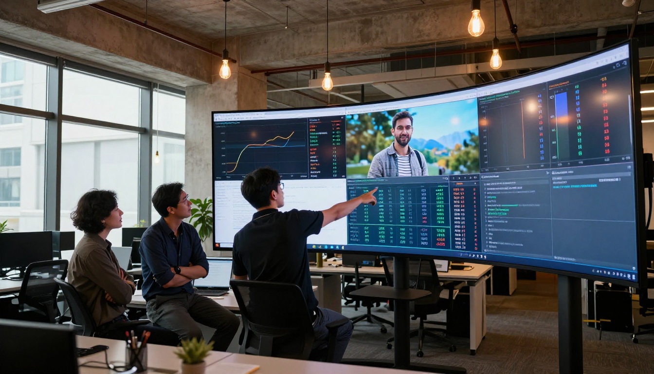 Team of professionals reviewing AI comparison results on a large monitor