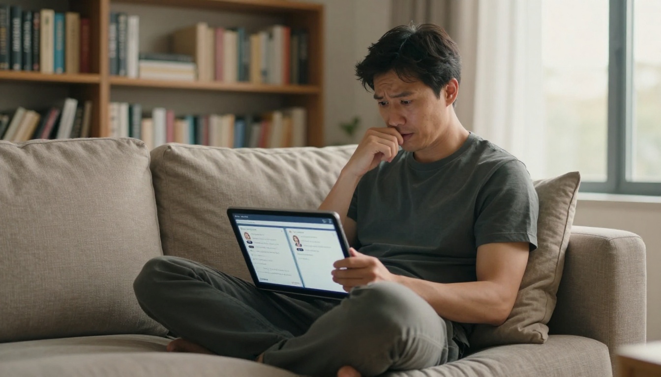 Man comparing AI model outputs on a tablet while sitting on a sofa