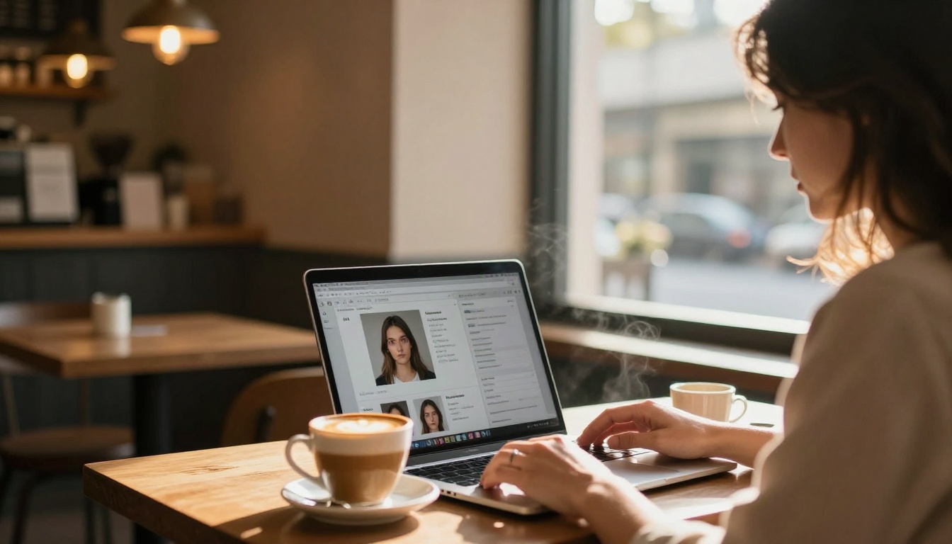 Woman in a cafe comparing AI model outputs on her laptop