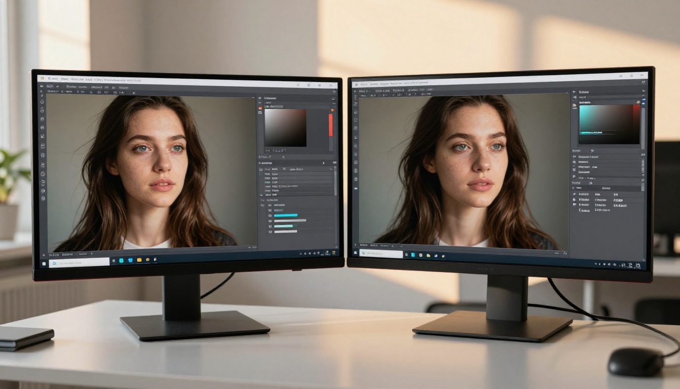 Developer working at dual monitors showing AI model comparison dashboards