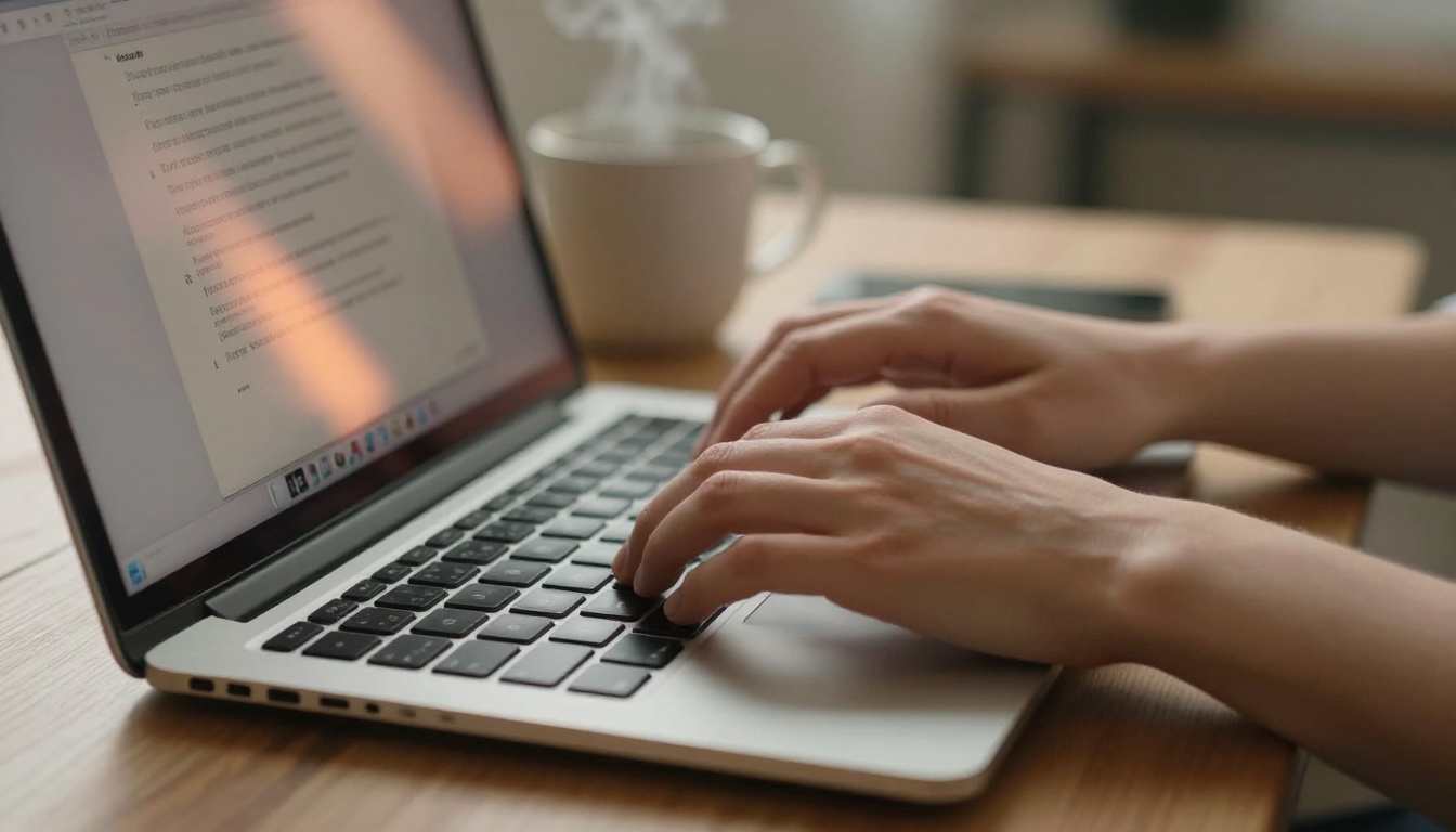 Close-up of hands typing prompts into an AI interface on a laptop