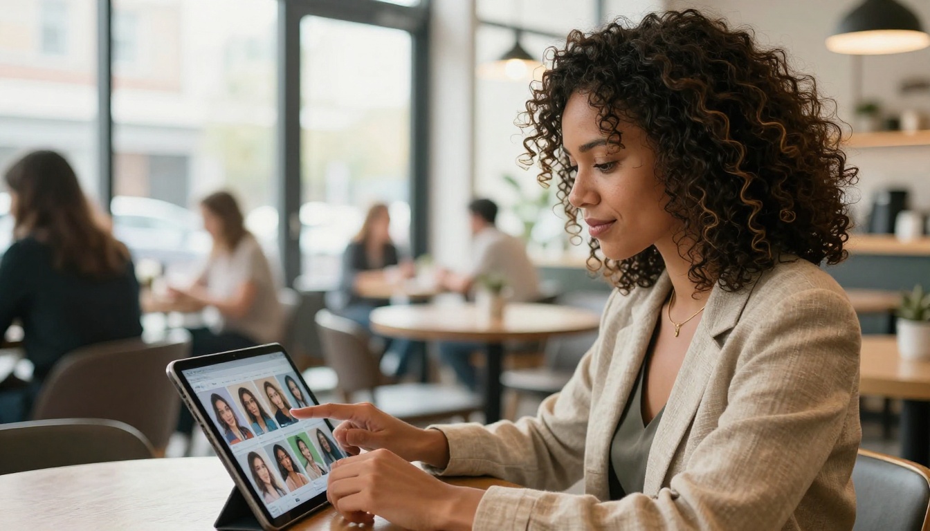 Professional woman analyzing AI image outputs on a tablet in a bright cafe
