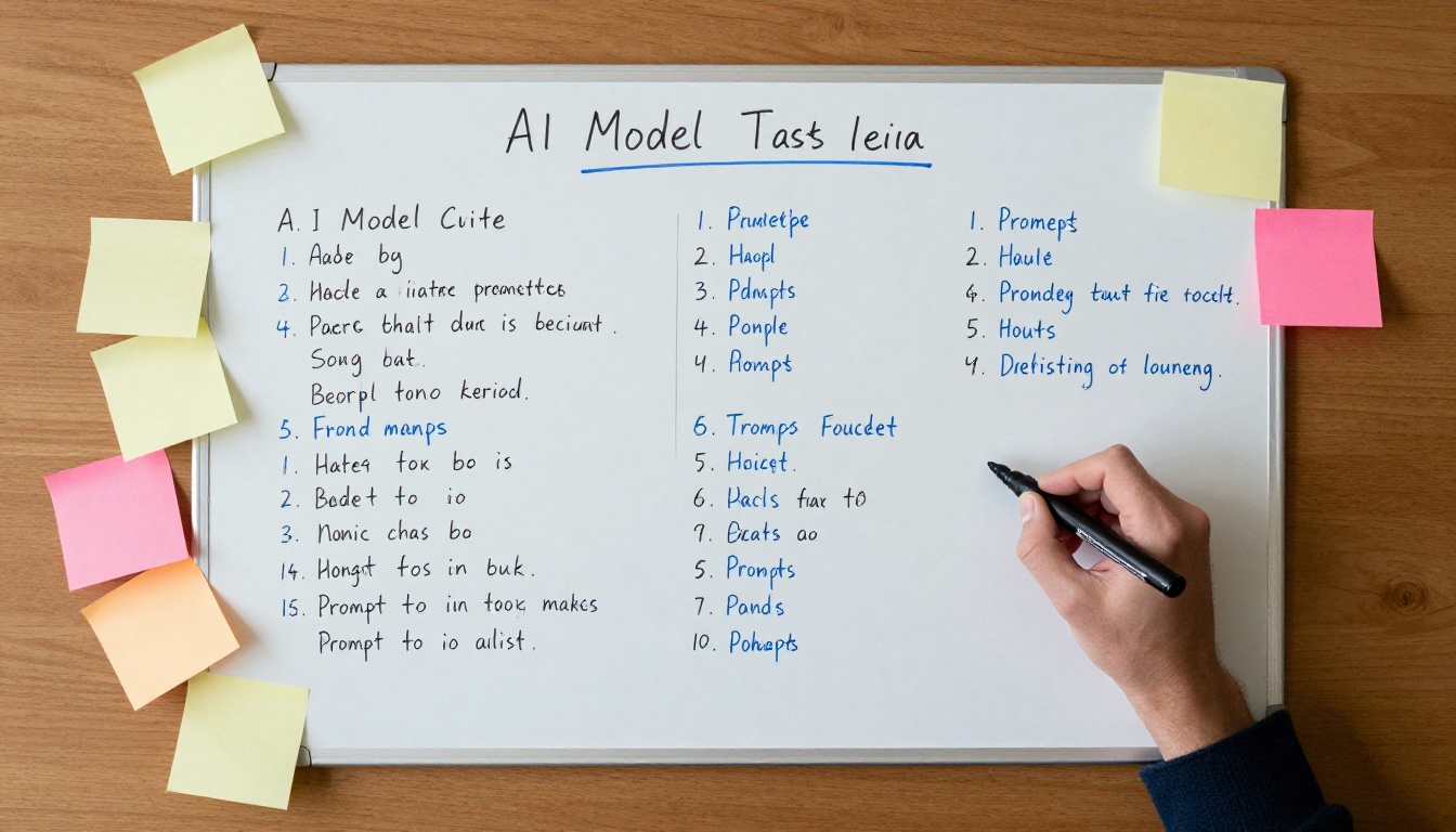 Overhead view of a whiteboard with AI model evaluation notes and criteria