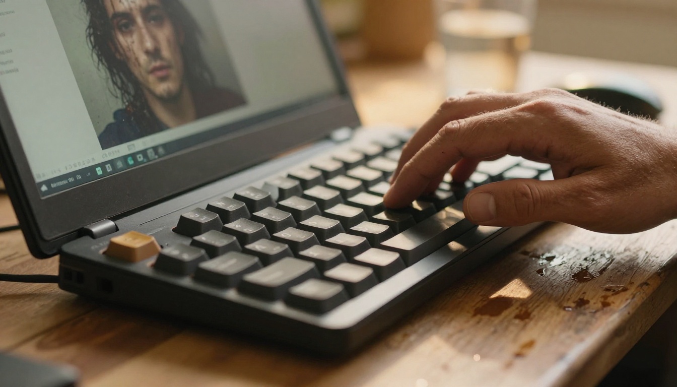 A person typing a short prompt on a keyboard with a blurry AI output visible on screen in the background