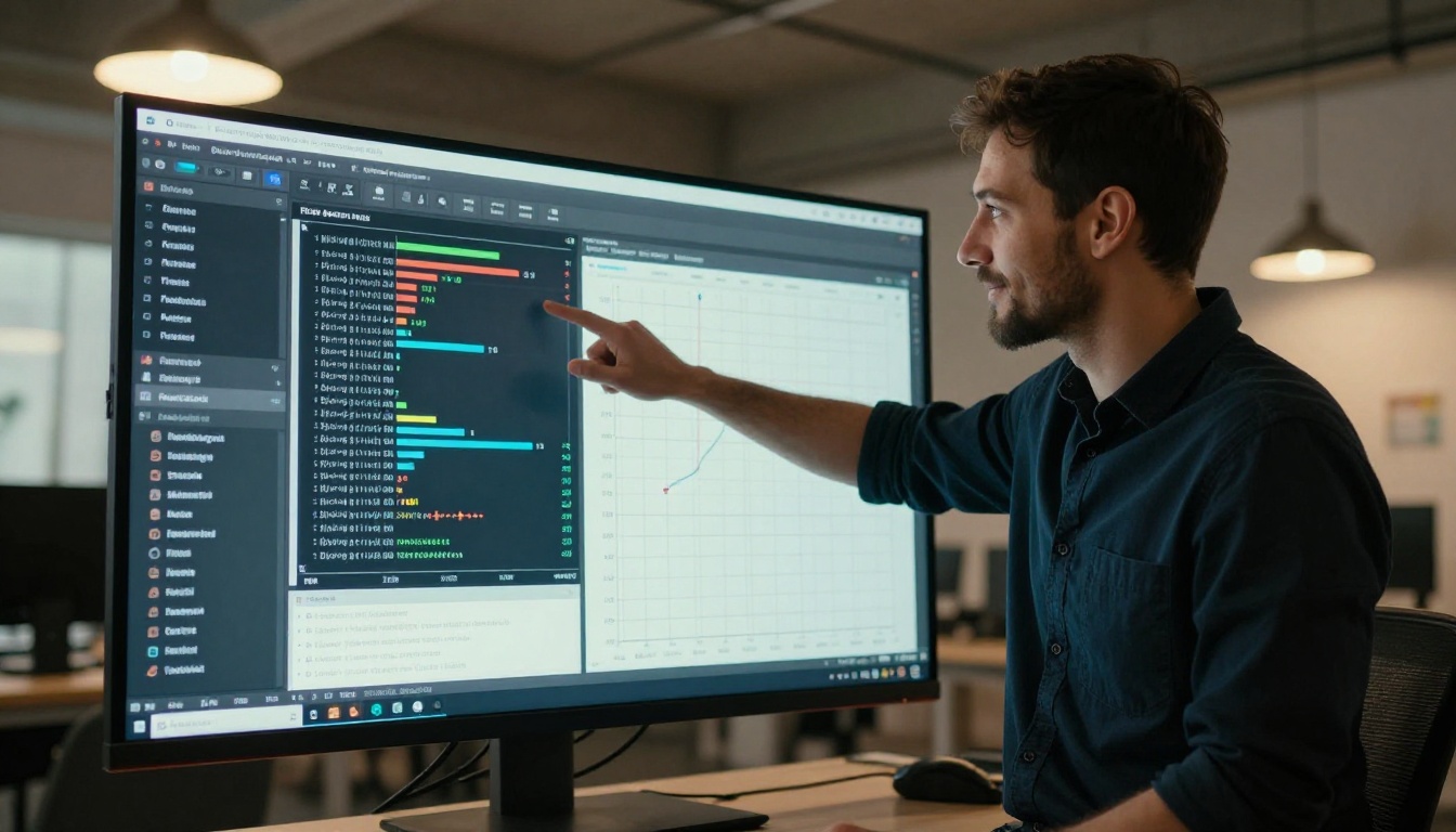 Developer standing in front of a monitor pointing at AI model performance benchmark charts