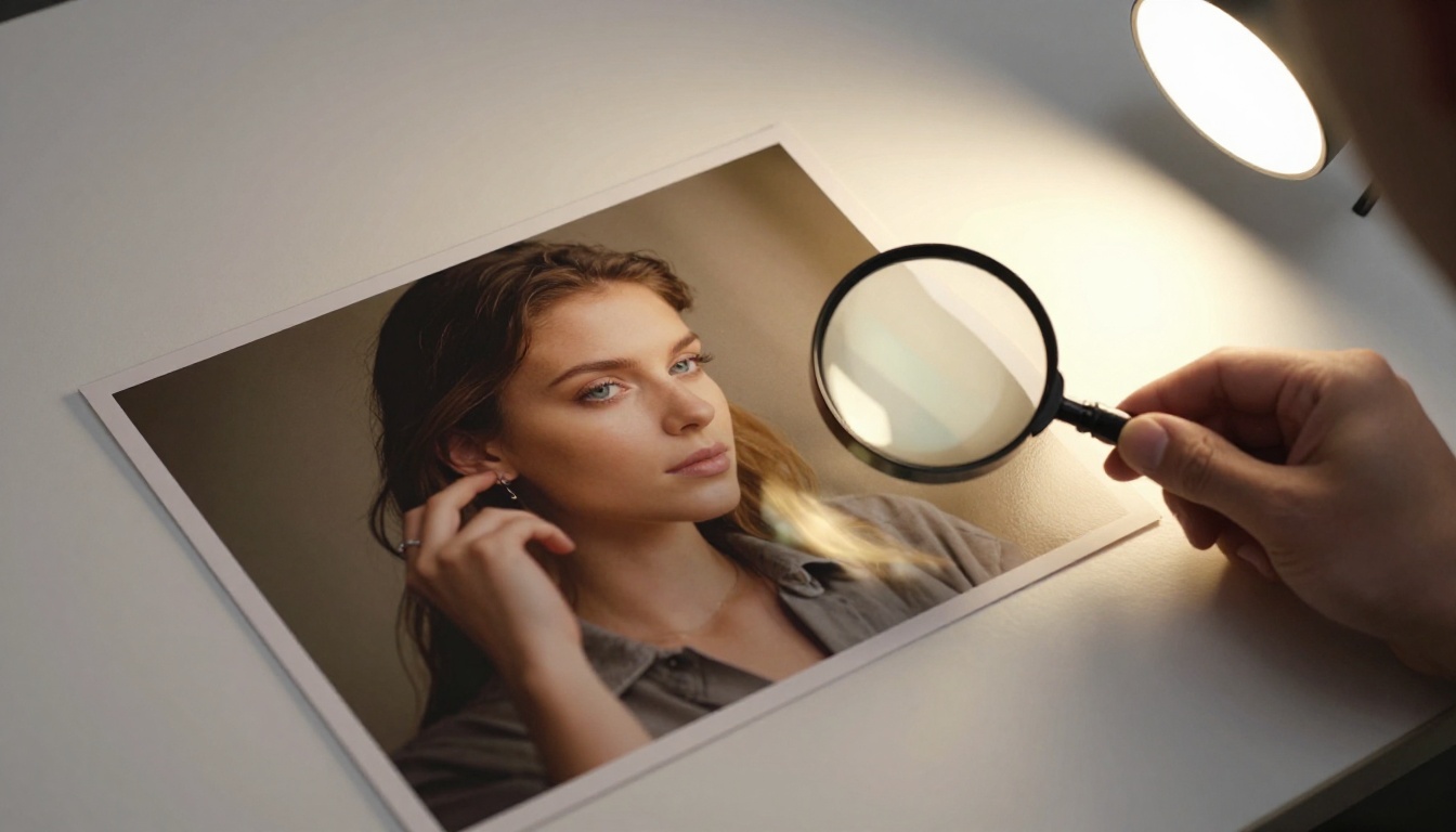 Two AI-generated prints being compared side by side with a magnifying glass