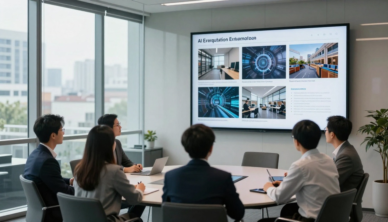 Team of professionals in a meeting room reviewing AI model evaluation results on screen