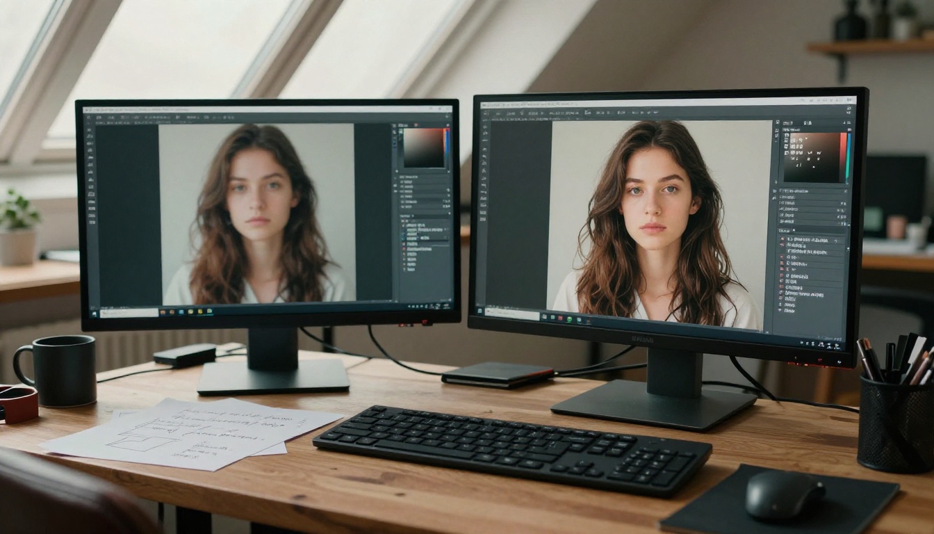 Two monitors side-by-side in a creative workspace showing a low-quality vague AI result on the left and a detailed high-quality photorealistic result on the right
