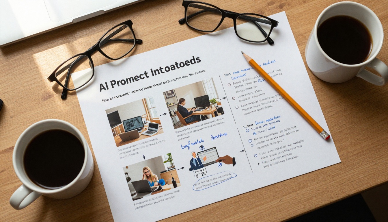 An overhead flat-lay of a desk with printed prompt notes, handwritten annotations, reading glasses, and a pencil resting on the page