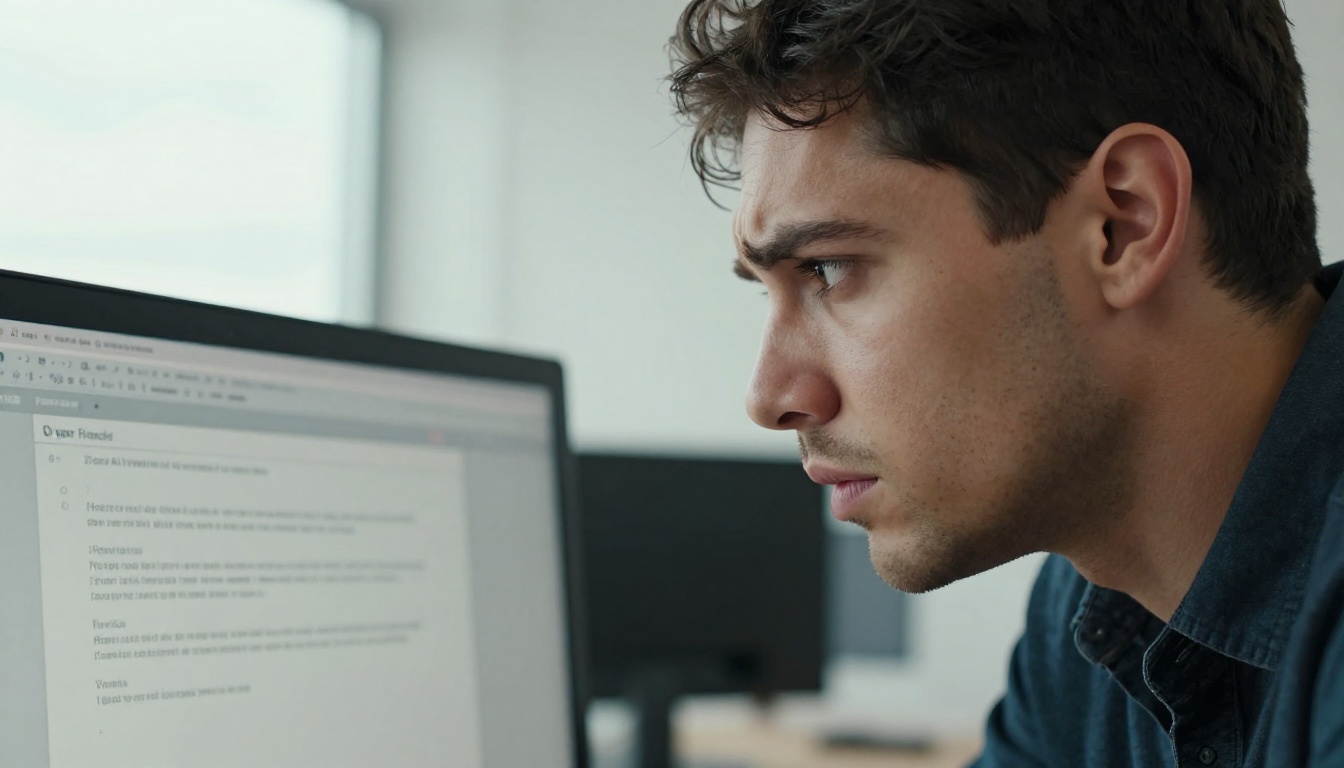 A frustrated man leaning toward his monitor in a bright minimalist office, the screen showing a resolution error from an AI image tool