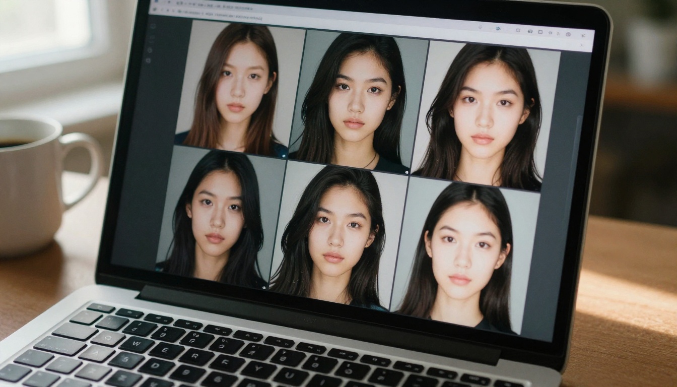 A laptop screen showing a grid of six AI-generated portrait variations produced from the same prompt with different seed numbers