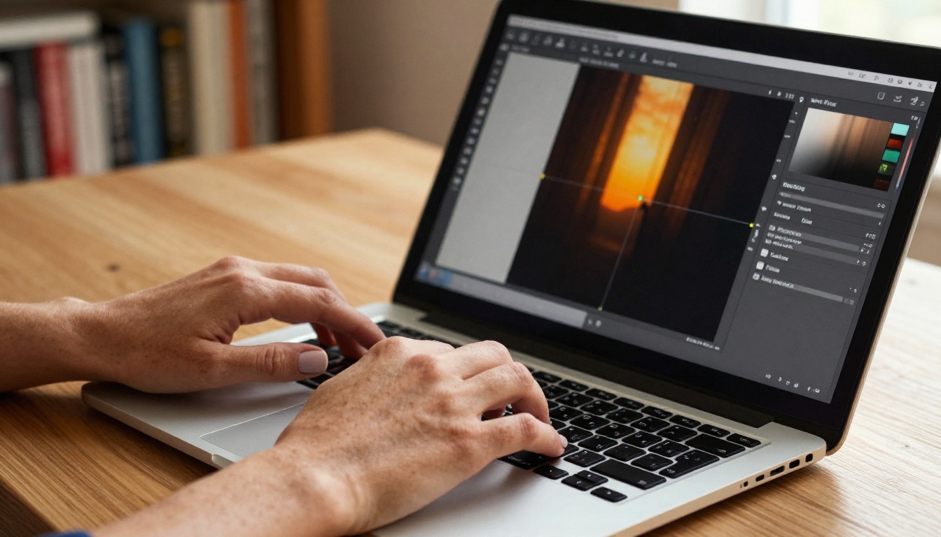 A woman's hands adjusting aspect ratio settings on a laptop touchpad with warm afternoon light illuminating the workspace