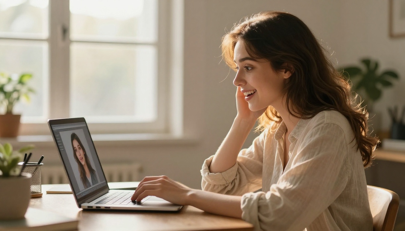 A young woman sitting at her home office desk looking at her laptop with a satisfied expression, warm golden hour light streaming through the window behind her