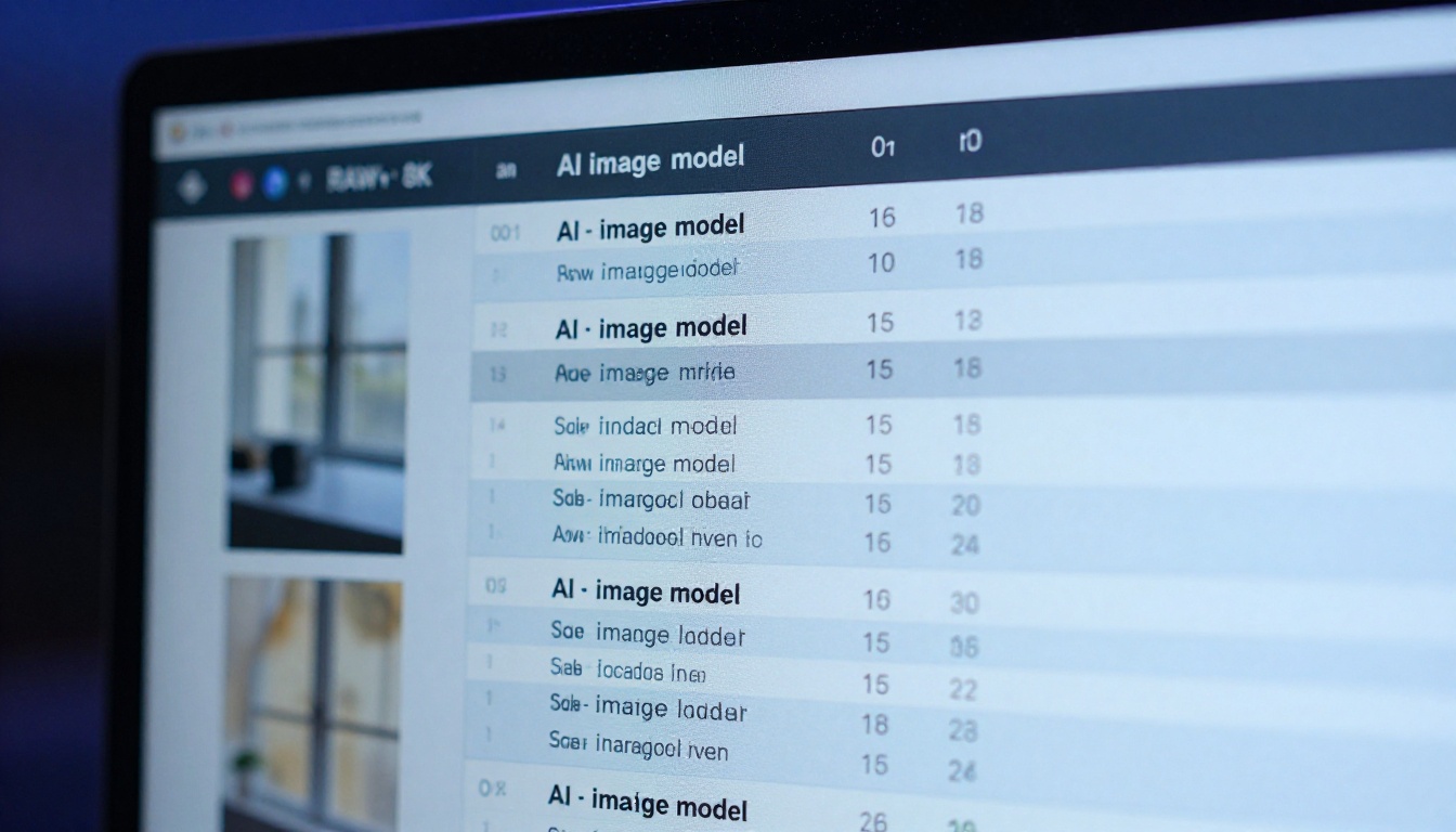 Macro close-up of a monitor screen displaying a comparison table of AI model names and specifications with a soft window reflection visible