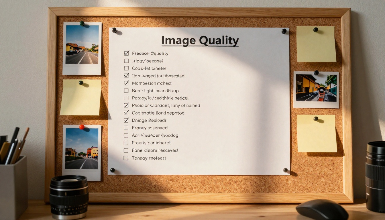 An overhead view of a tidy workspace with a printed checklist on a corkboard surrounded by small reference photos and sticky notes under warm incandescent light