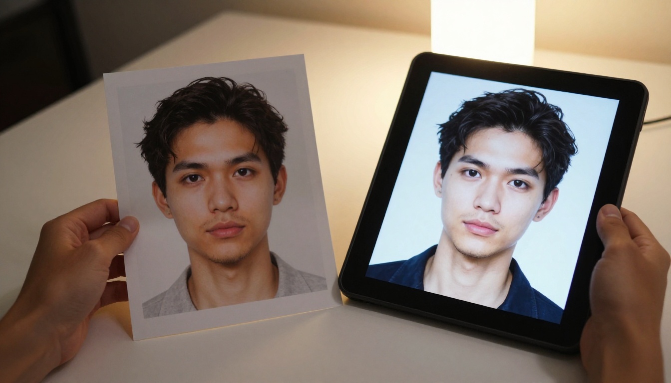 Hand holding printed reference photo next to AI-generated output on tablet