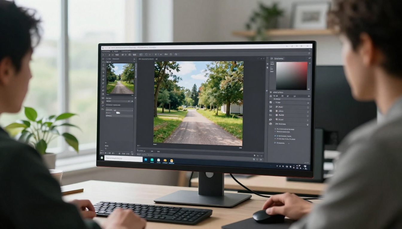 Creative professional dragging reference image into AI generator interface on wide curved monitor