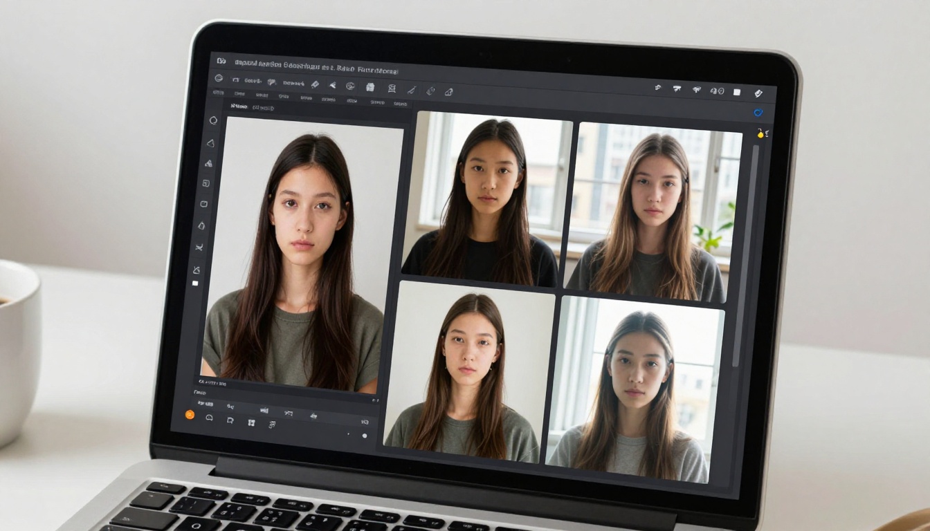Top-down view of laptop screen showing AI interface with reference photo and generated variations