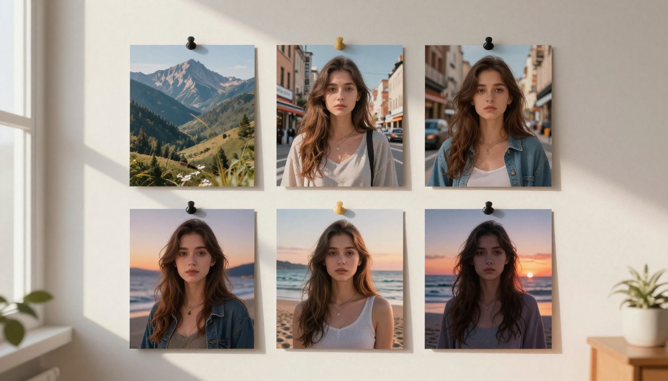 Mood board on wall showing three portraits of the same fictional woman in different outdoor settings with identical face and clothing
