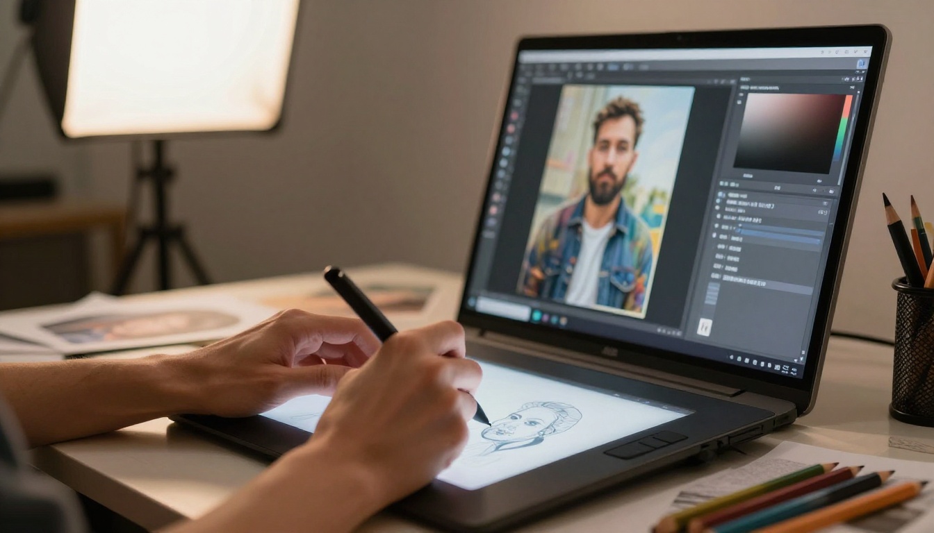 Artist working on professional drawing tablet with second monitor showing AI style transfer in progress