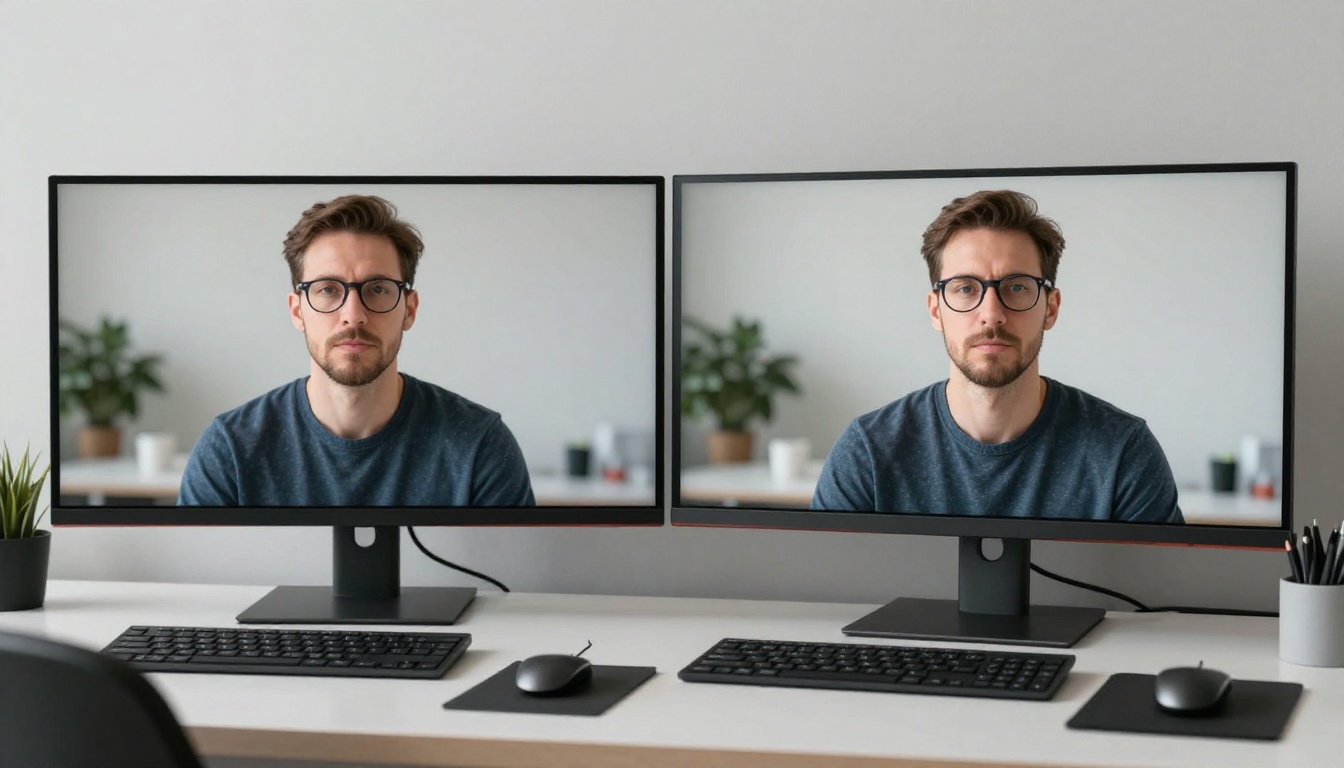 Split screen showing blurry inconsistent AI result on left monitor versus sharp consistent result on right monitor