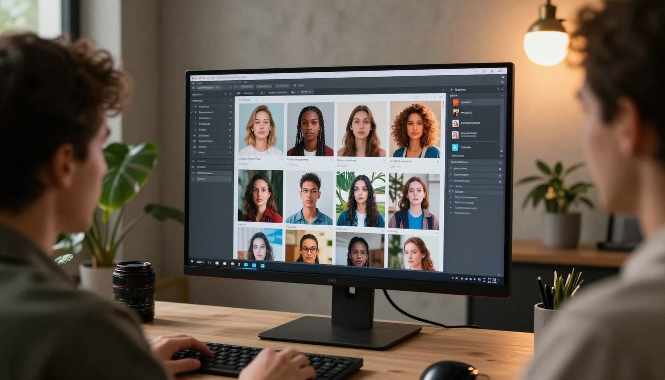 Creative director reviewing AI platform model options on large studio monitor