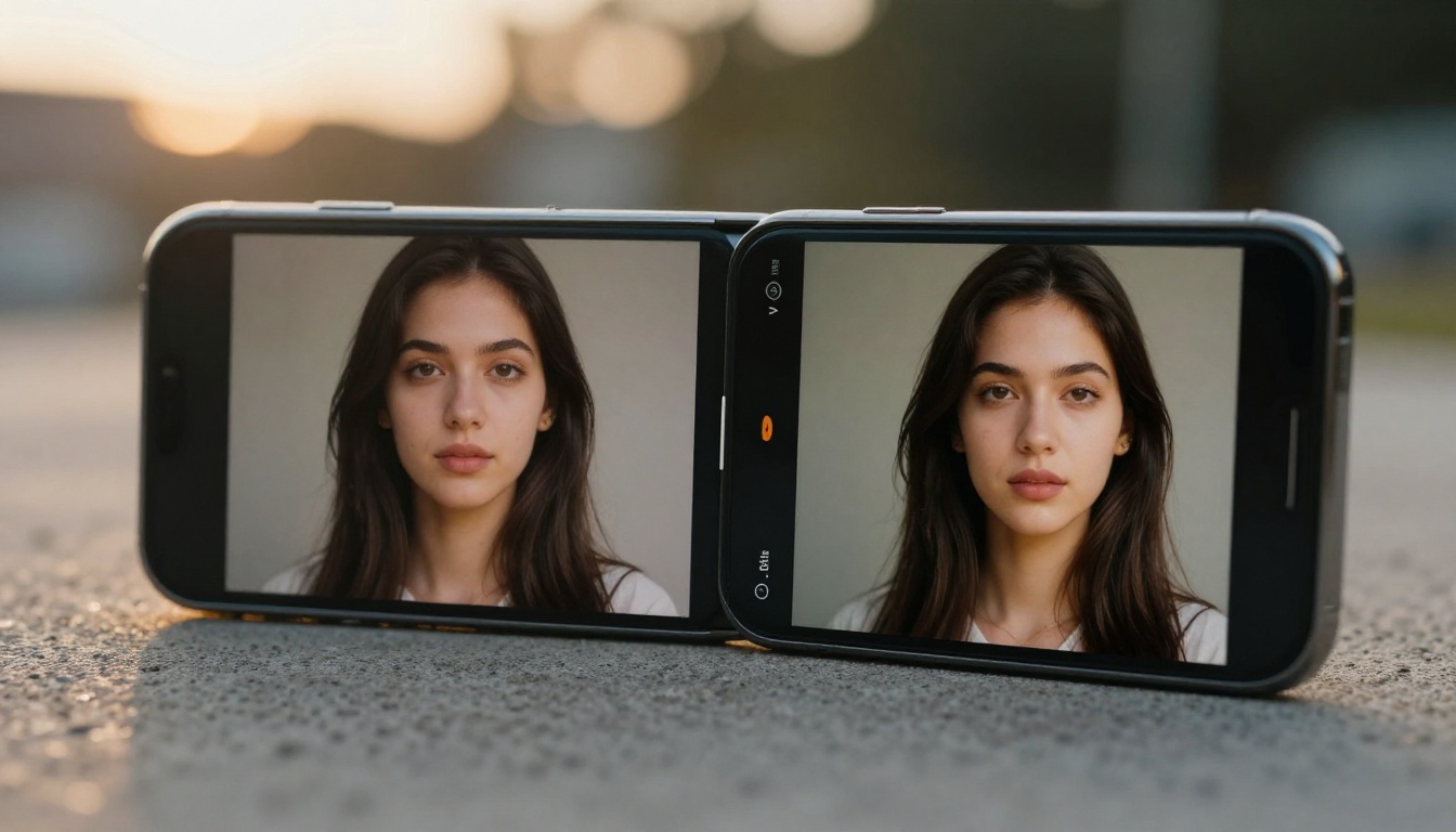 Two smartphones on concrete surface showing reference portrait and perfectly matched AI-generated result side by side