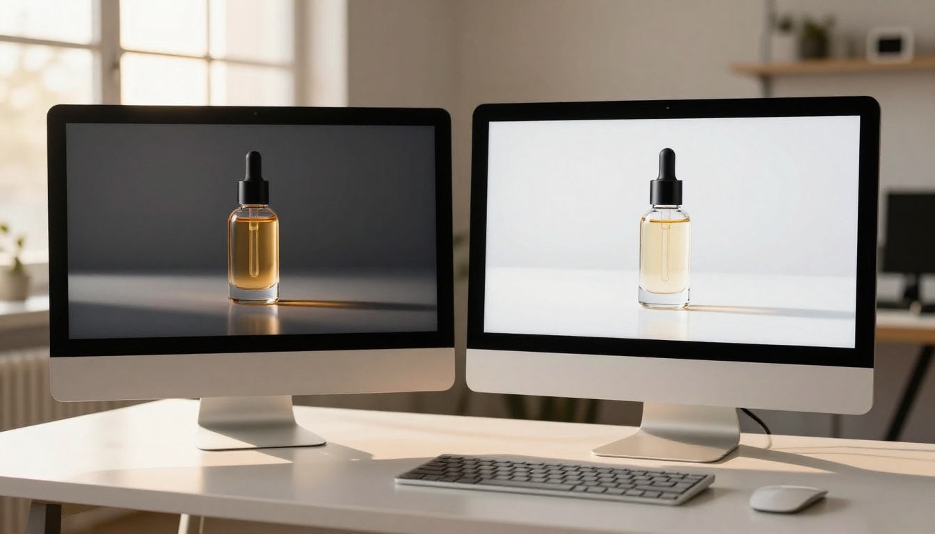 Professional product photographer reviewing AI-generated visuals against traditional shots on dual monitors