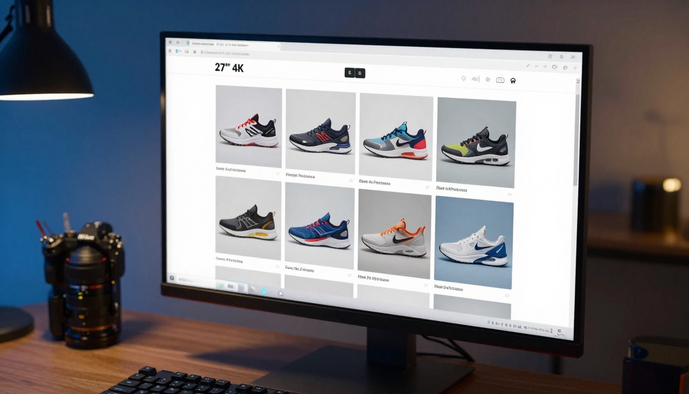 4K monitor displaying a grid of AI-generated athletic sneaker product images with consistent white backgrounds